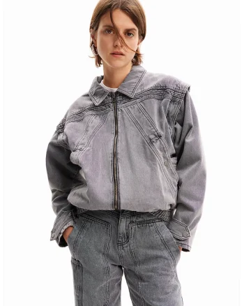 Jacheta convertibila de denim Tae, Gri deschis