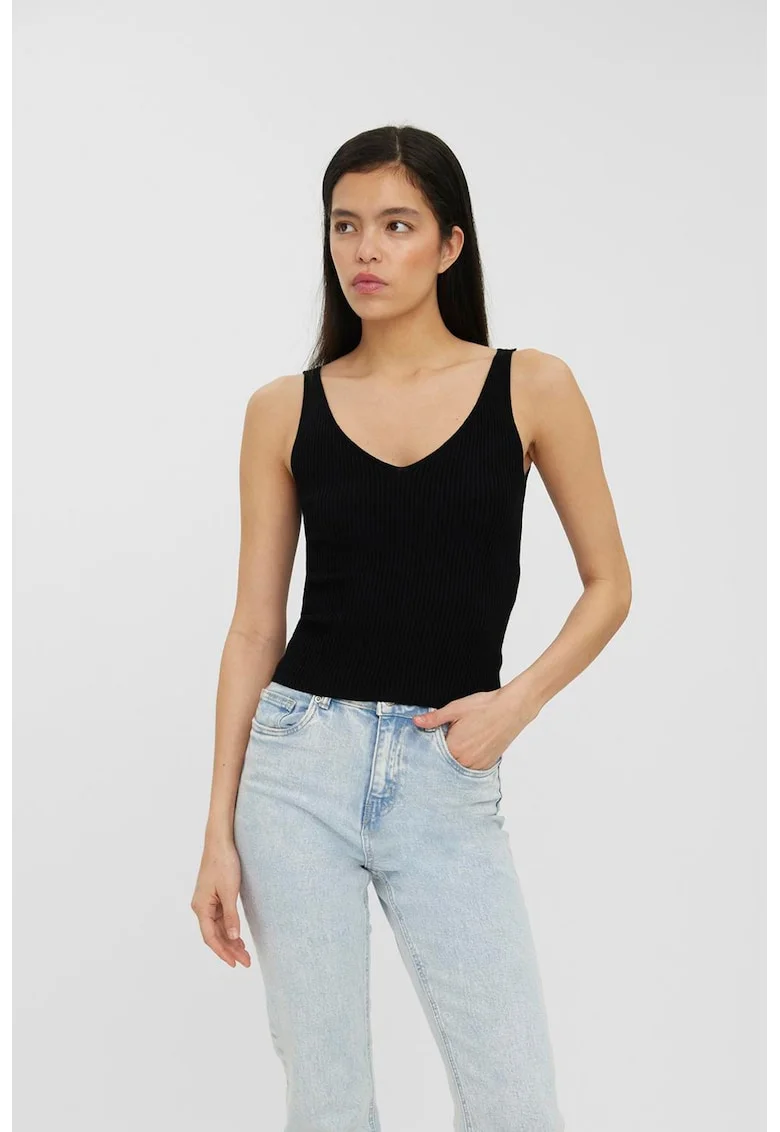 Top cu decolteu in V si aspect striat, Negru