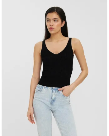 Top cu decolteu in V si aspect striat, Negru