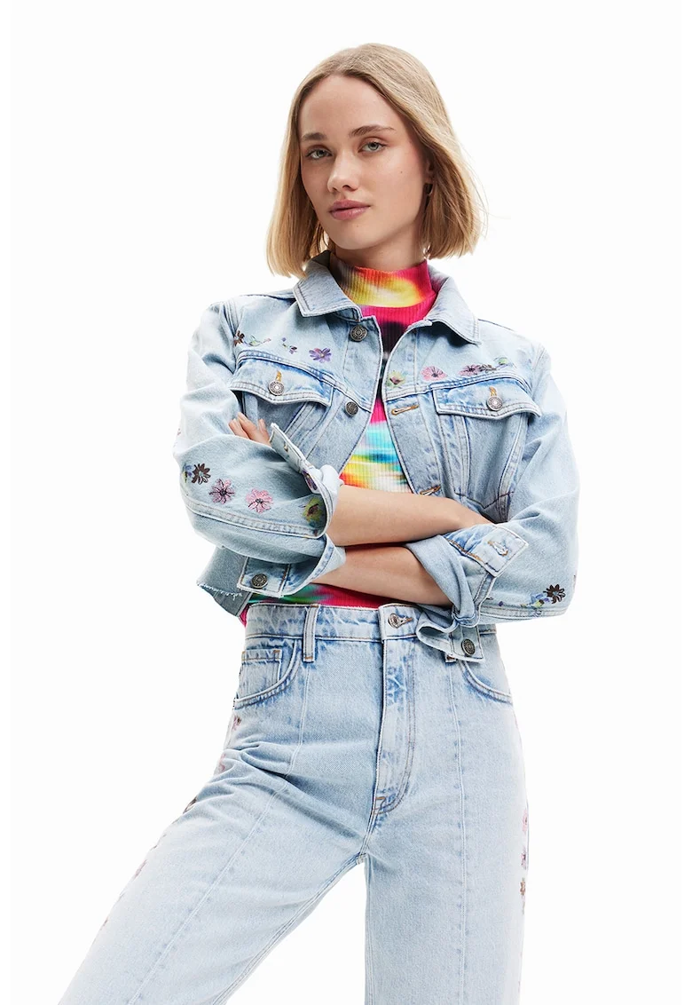 Jacheta crop de denim cu etalii florale, Albastru deschis