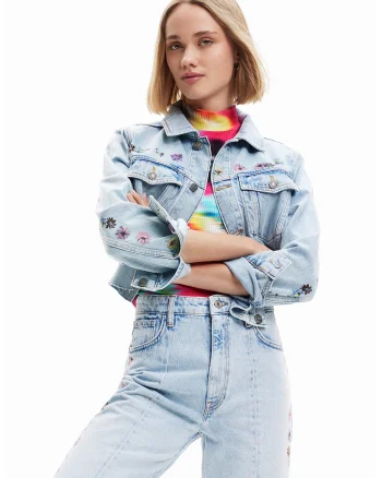 Jacheta crop de denim cu etalii florale, Albastru deschis