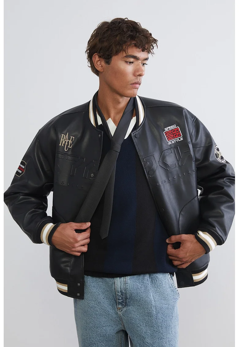 Jacheta bomber cu model grafic, Alb fildes/Negru