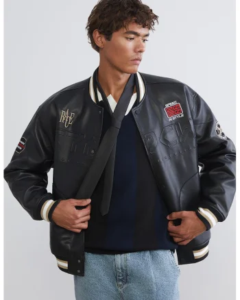 Jacheta bomber cu model grafic, Alb fildes/Negru