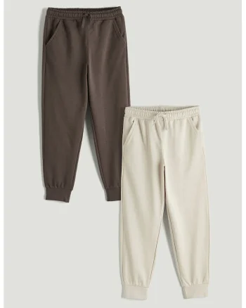 Set de pantaloni de trening din amestec de bumbac - 2 piese, Maro inchis/Crem