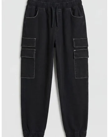 Pantaloni cargo cu model uni, Negru stins