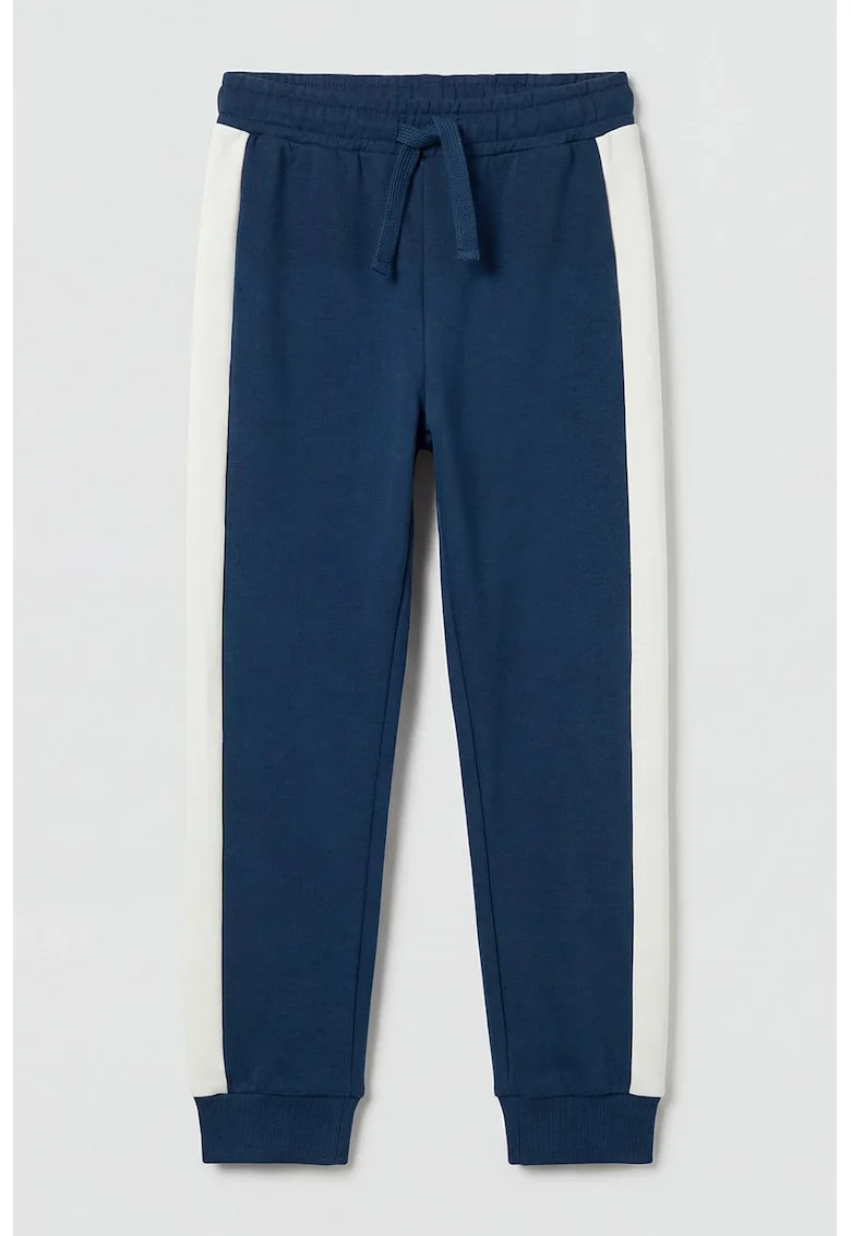 Pantaloni de trening cu model in doua tonuri si talie ajustabila, Alb/Albastru indigo