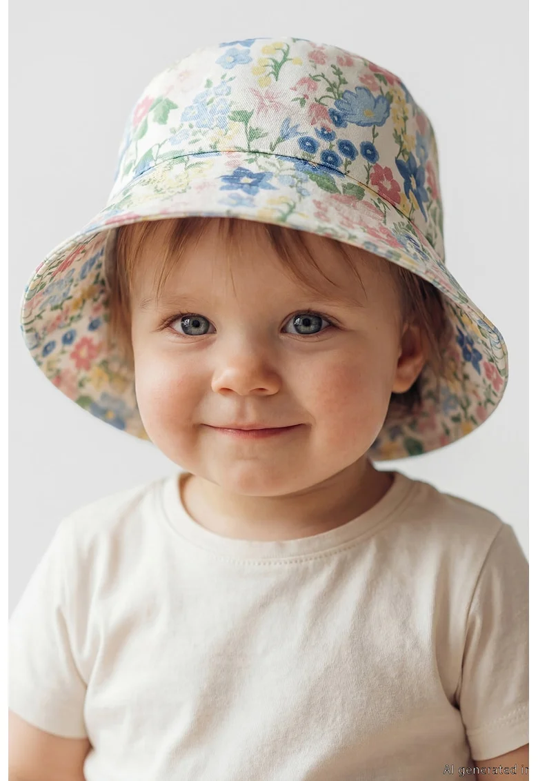 Palarie bucket cu model floral, Alb fildes/Albastru lavanda/Roz pastel