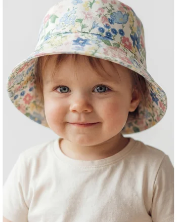 Palarie bucket cu model floral, Alb fildes/Albastru lavanda/Roz pastel