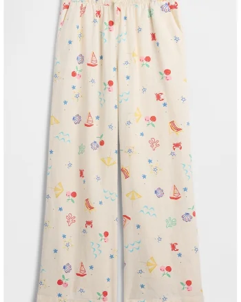 Pantaloni din amestec de in cu croiala ampla si model, Galben pal