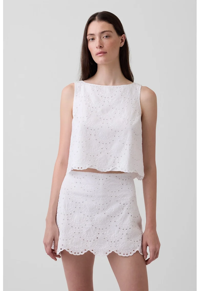 Top crop cu broderie, Alb murdar