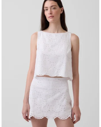 Top crop cu broderie, Alb murdar