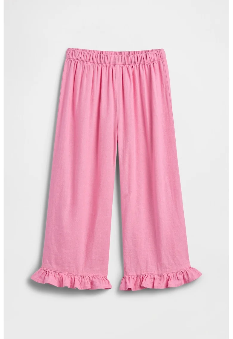 Pantaloni din amestec de in cu terminatii cu volane, Roz