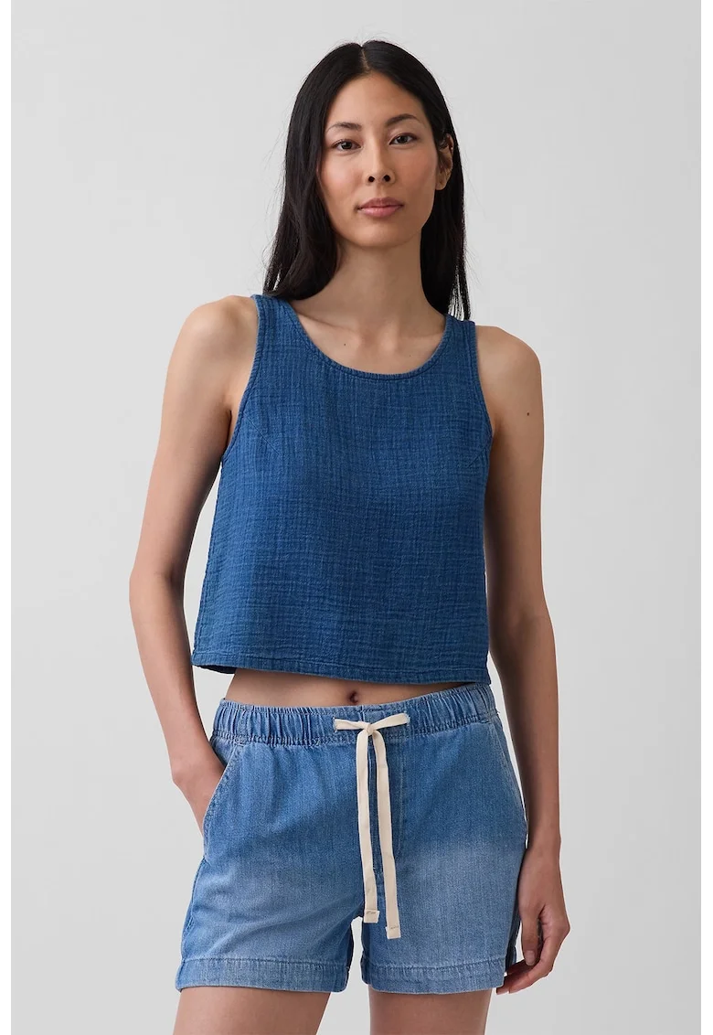Top crop texturat cu decolteu rotund, Albastru inchis