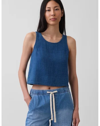 Top crop texturat cu decolteu rotund, Albastru inchis