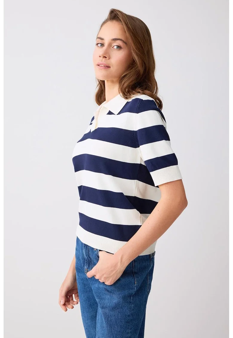 Tricou polo cu dungi, Alb/Bleumarin