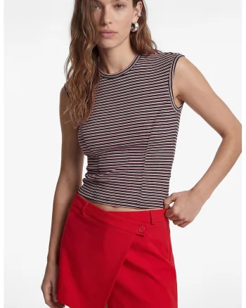 Top slim-fit cu dungi, Alb/Negru stins/Rosu vermillion