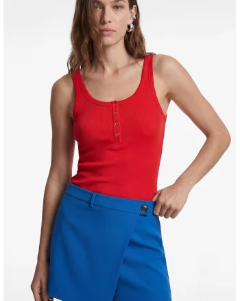 Top din amestec de bumbac cu nasturi, Rosu vermillion