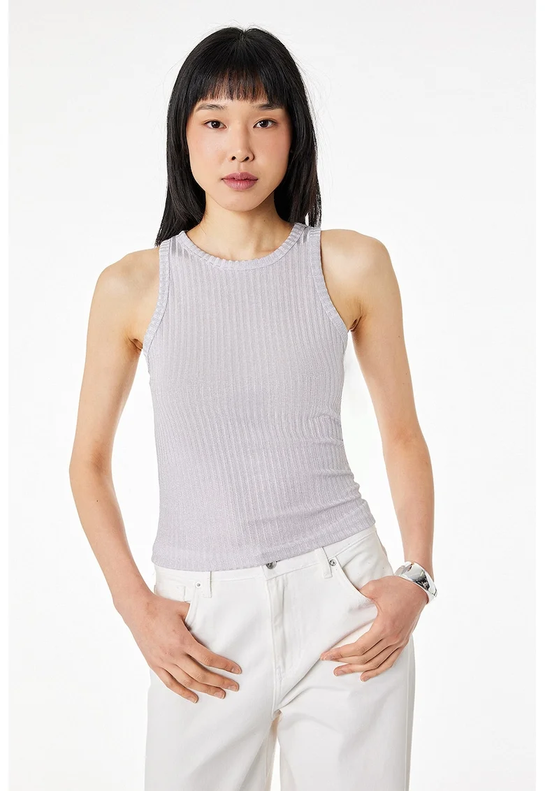 Top crop cu croiala slim-fit si striatii, Gri deschis