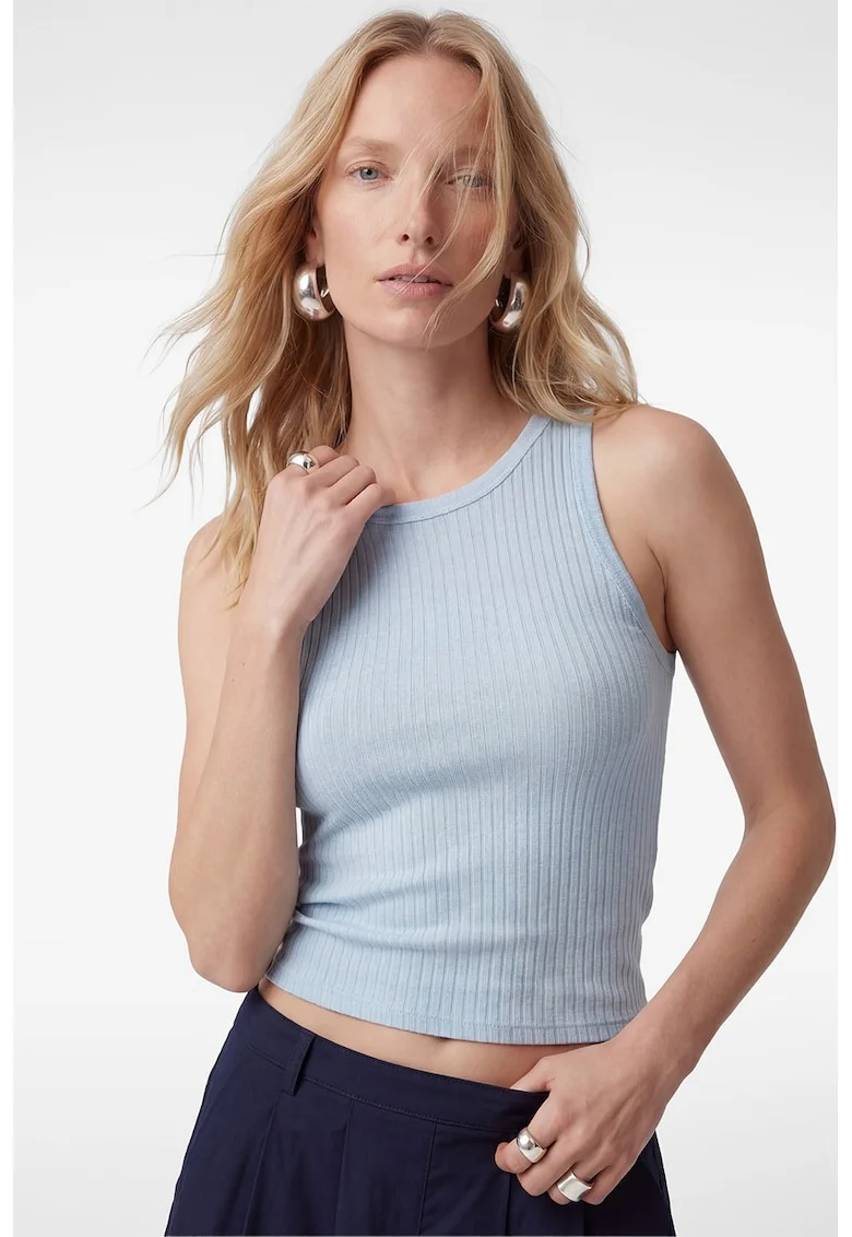 Top crop cu croiala slim-fit si striatii, Albastru pal