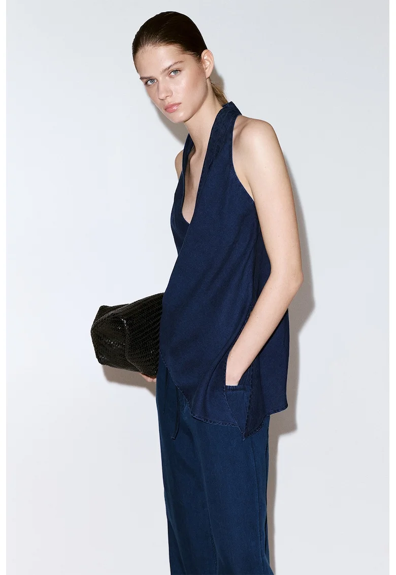 Top halter ci decolteu in V, Bleumarin