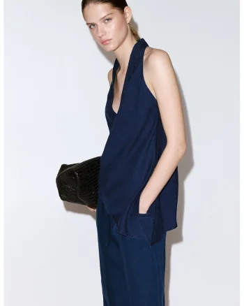 Top halter ci decolteu in V, Bleumarin