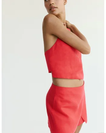 Top crop din amestec de lyocell si in, Rosu vermillion