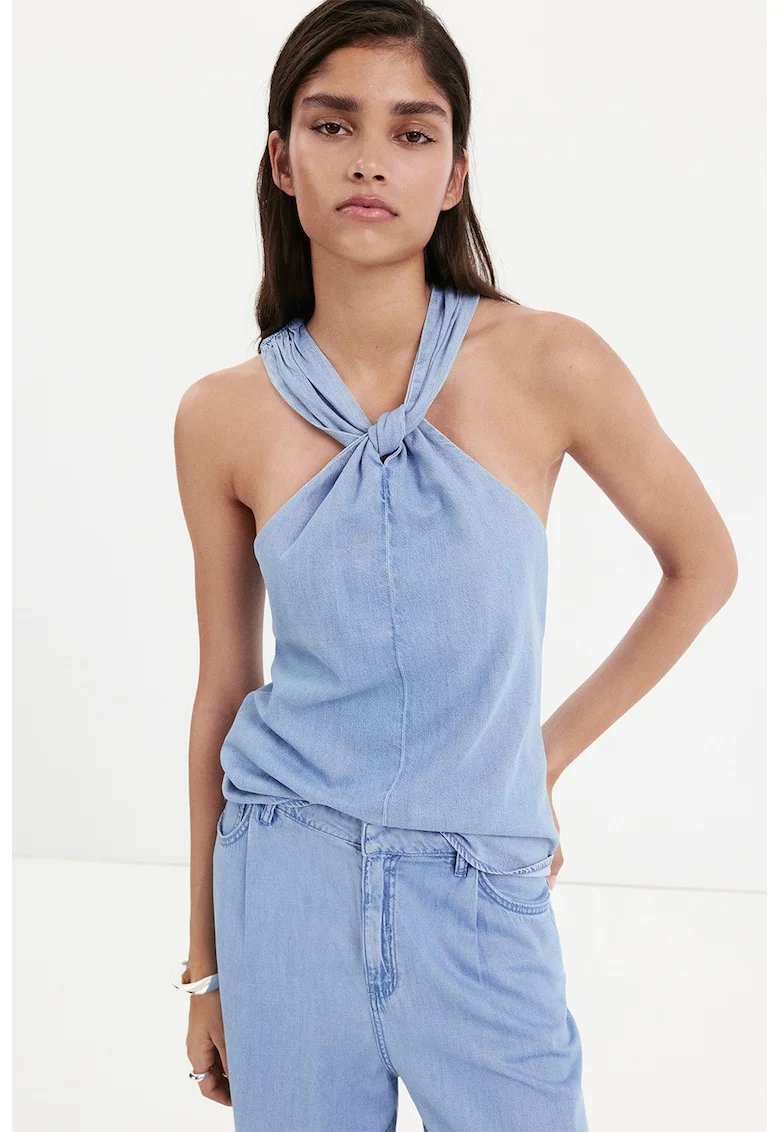 Top din denim, fara maneci, Albastru pastel