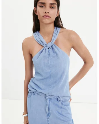 Top din denim, fara maneci, Albastru pastel