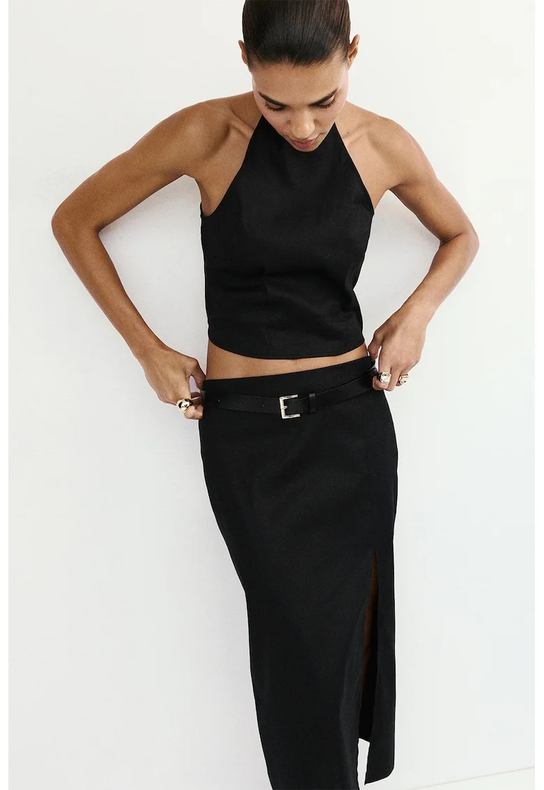 Top crop din amestec de in cu decolteu halter, Negru
