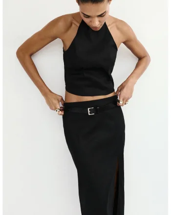 Top crop din amestec de in cu decolteu halter, Negru