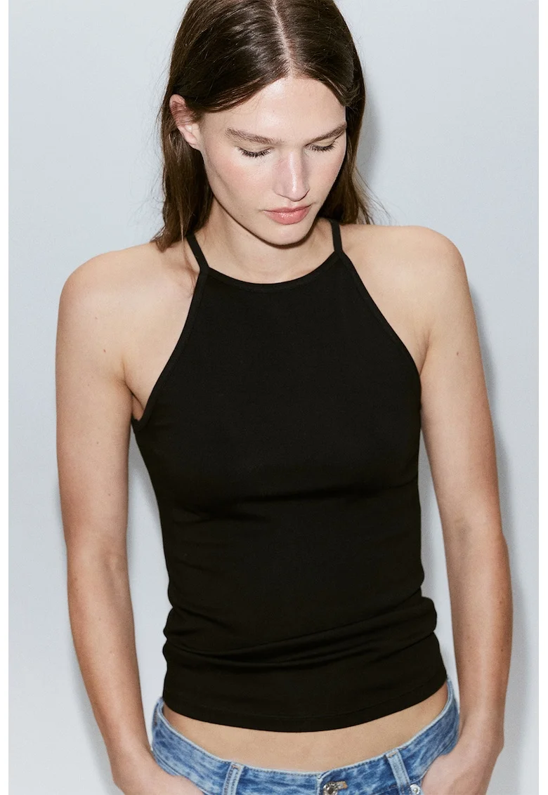 Top slim-fit cu model uni, Negru