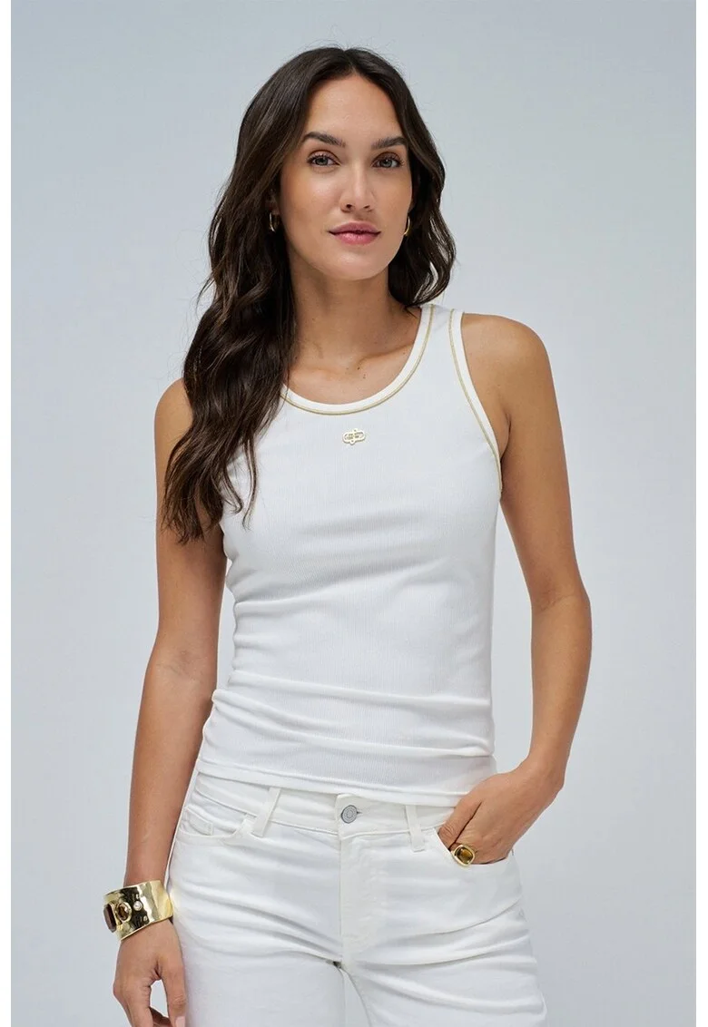 Top slim fit cu decolteu rotund, Alb optic