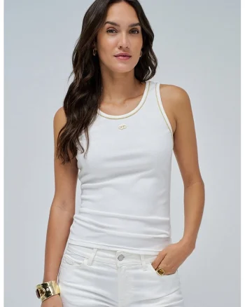Top slim fit cu decolteu rotund, Alb optic