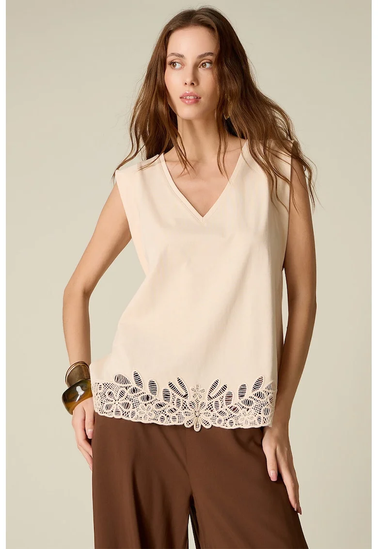 Top din bumbac cu dantela macrame, Crem