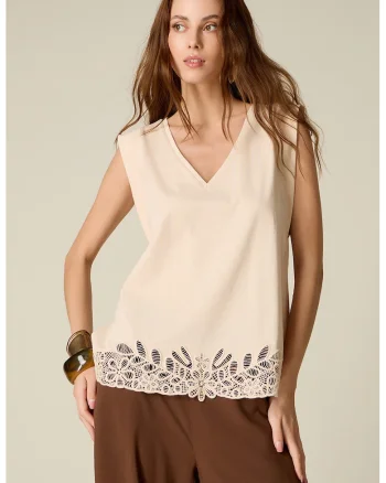 Top din bumbac cu dantela macrame, Crem
