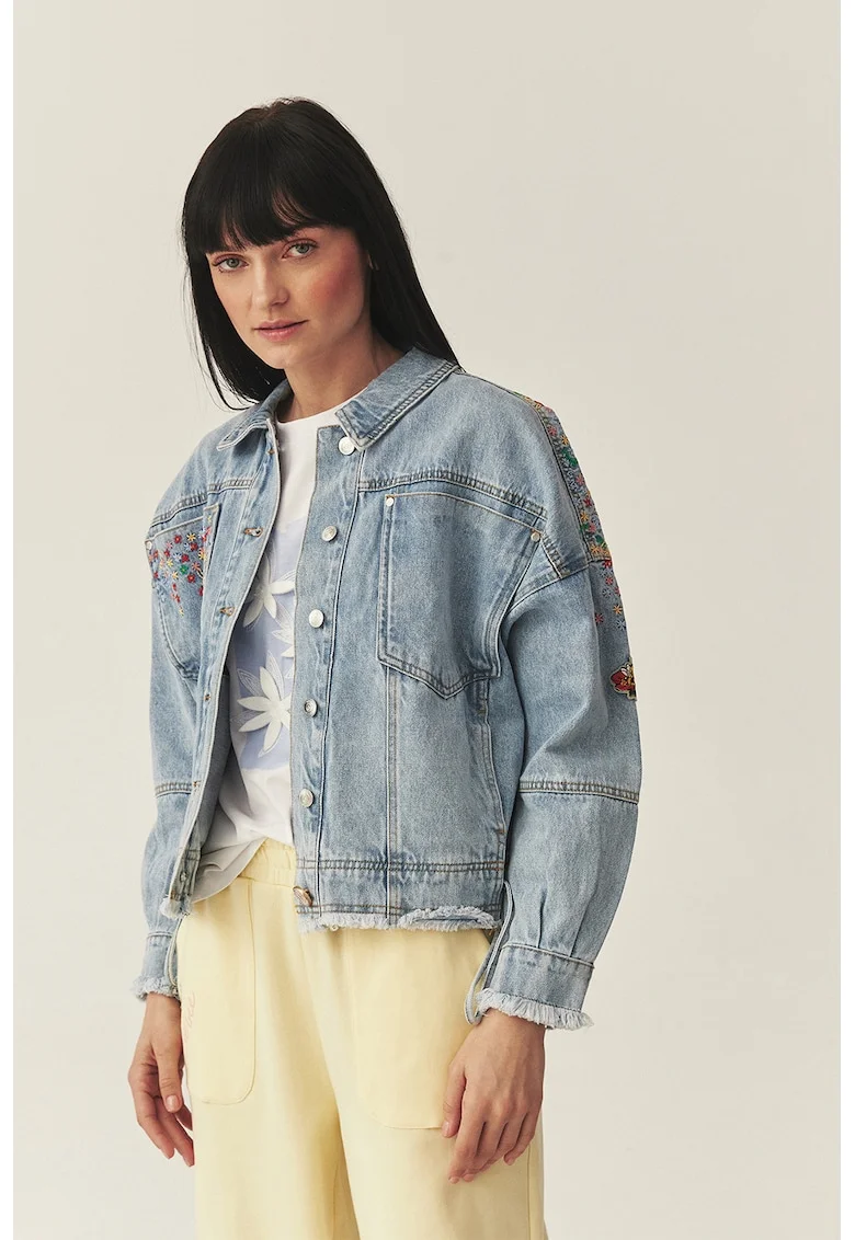 Jacheta din denim cu broderii florale, Verde/Albastru deschis melange