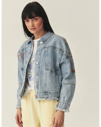 Jacheta din denim cu broderii florale, Verde/Albastru deschis melange