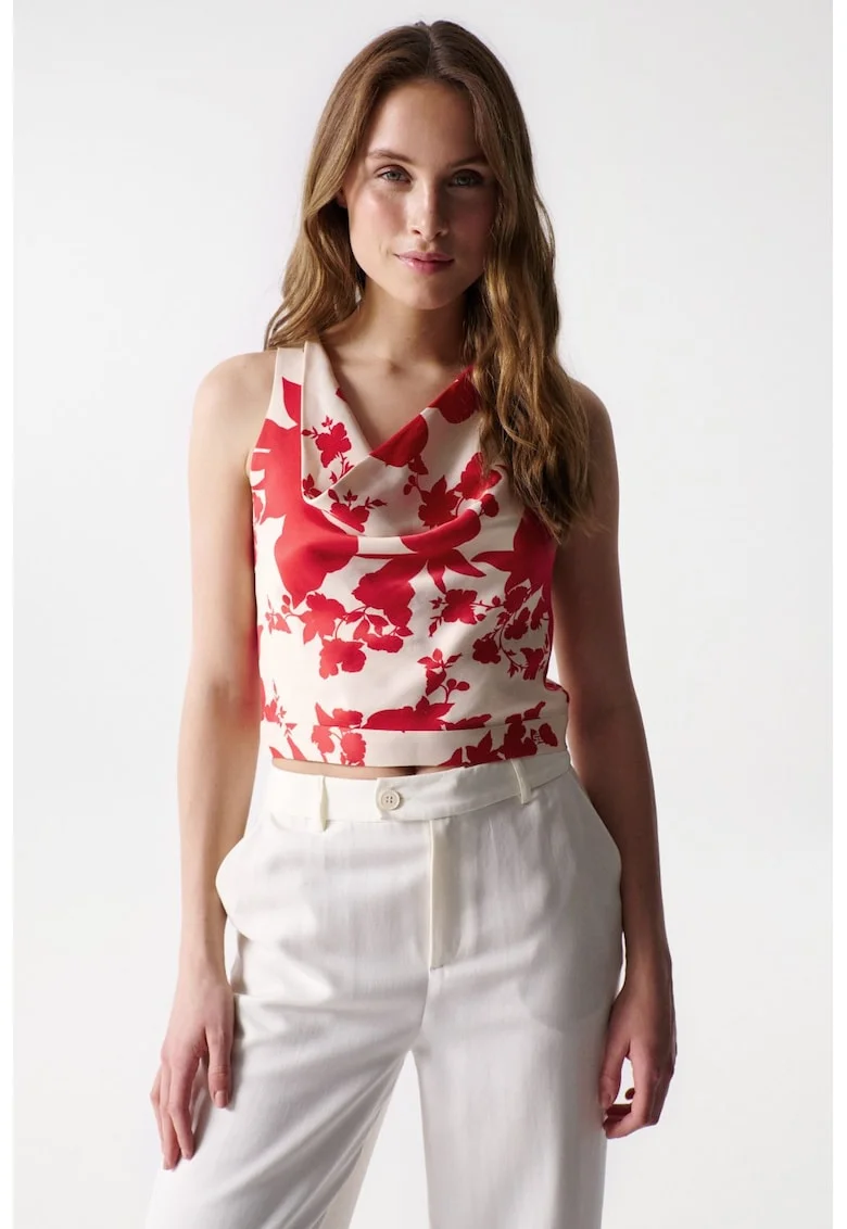 Top floral cu decolteu drapat