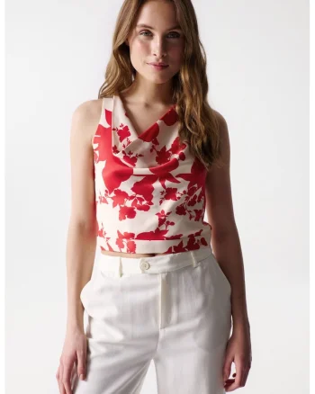 Top floral cu decolteu drapat