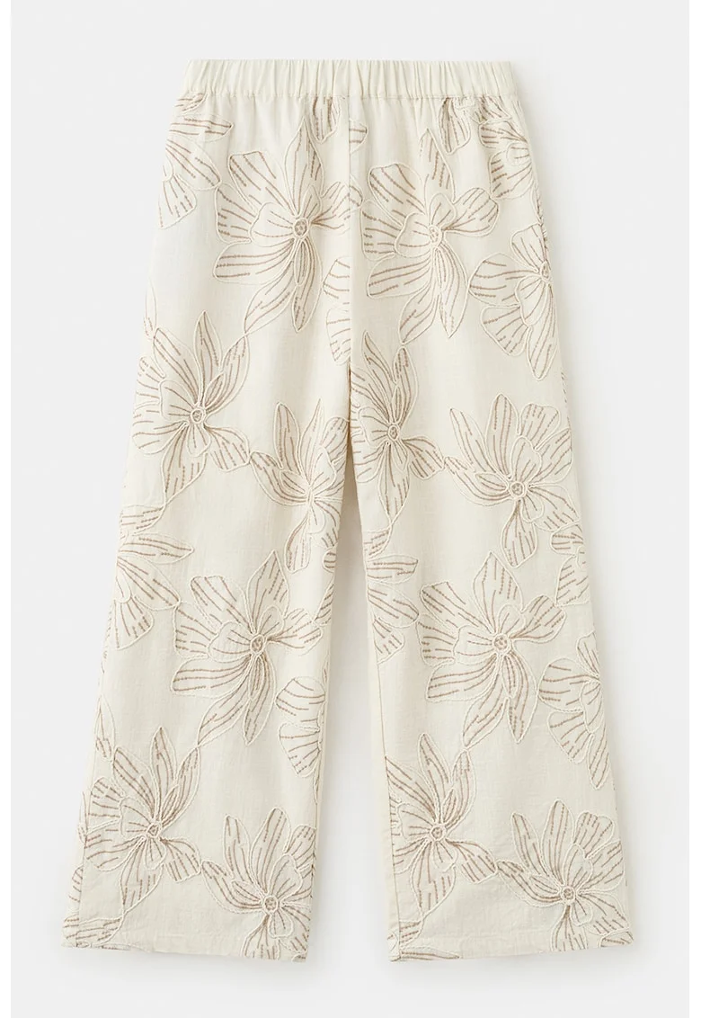 Pantaloni cu croiala ampla si imprimeu floral, Bej deschis