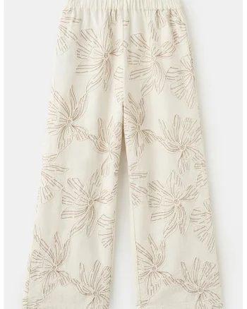 Pantaloni cu croiala ampla si imprimeu floral, Bej deschis