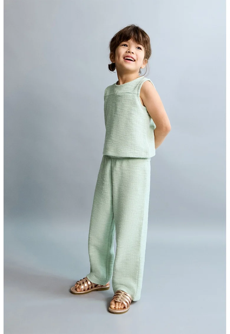 Pantaloni texturati cu talie elastica, Verde deschis