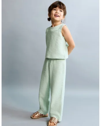 Pantaloni texturati cu talie elastica, Verde deschis