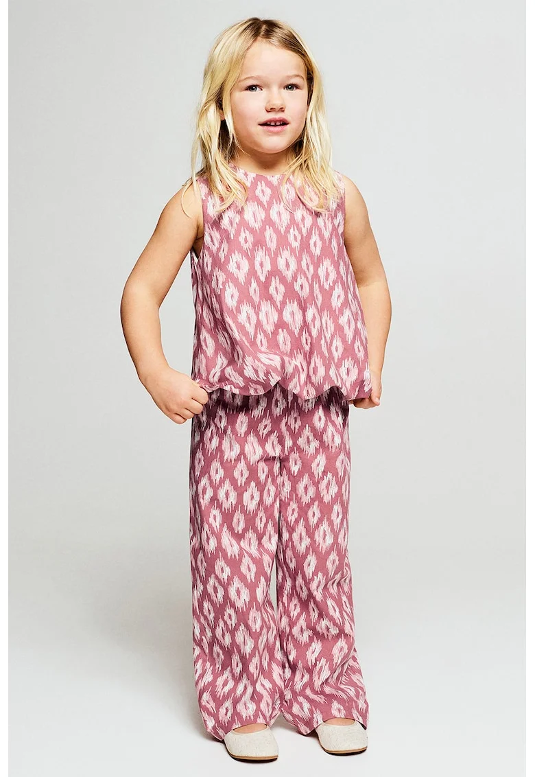 Pantaloni din bumbac cu croiala ampla si model, Alb/Rosu stins