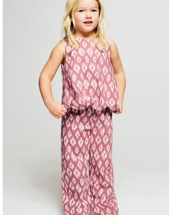 Pantaloni din bumbac cu croiala ampla si model, Alb/Rosu stins