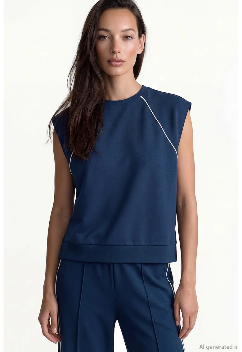 Top regular fit cu decolteu la baza gatului, Albastru oceanic