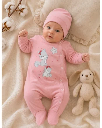 Salopeta bebe roz din bumbac cu caciulita si imprimeu ursuleti pentru fetite