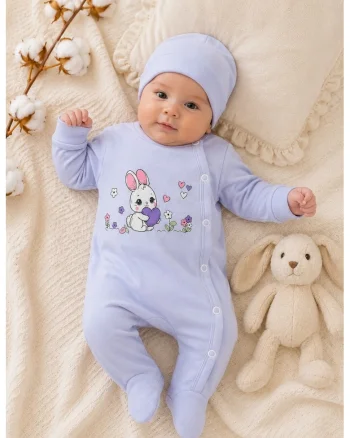 Salopeta bebe lila din bumbac cu caciulita si imprimeu iepuras pentru fetite