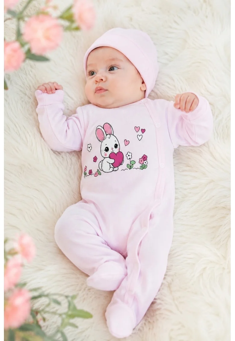 Salopeta bebe roz pal din bumbac cu caciulita si imprimeu iepuras fetita