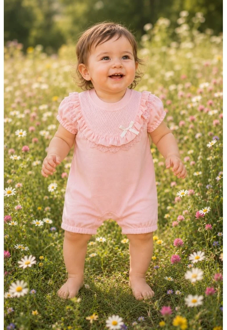 Salopeta scurta bebe roz cu dantela si volanase, eleganta si delicata pentru fetite